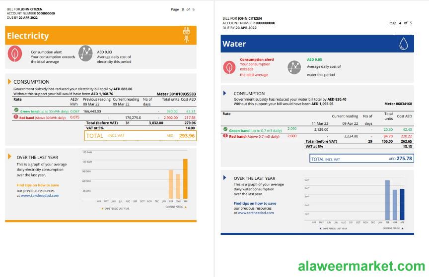 UAE Abu Dhabi Al Ain Distribution Co. Word and PDF utility bill template (5 pages) 3 4